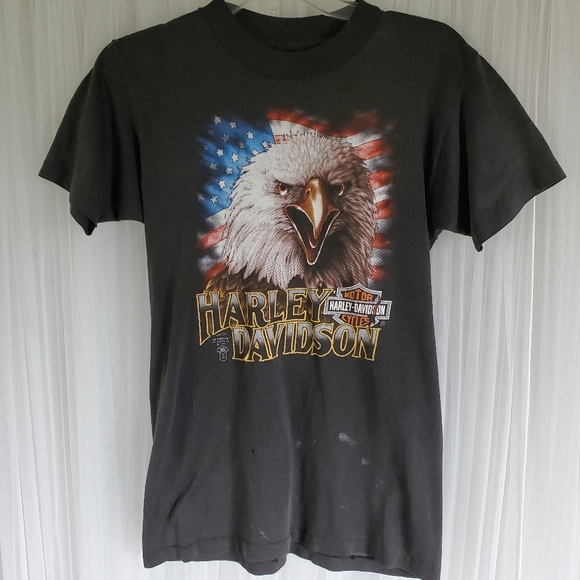 Vintage 3D Emblem Harley-Davidson T-shirt 1988 Double Dide Eagle Flag Truckers - Picture 11 of 15